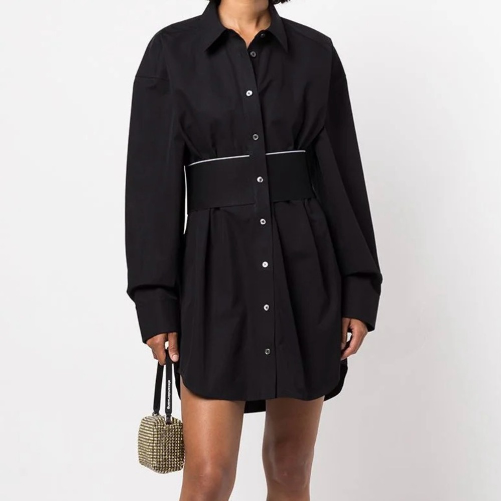 ALEXANDER WANG LOGO ELASTIC SHIRT-DRESS, SZ 4 BLACK